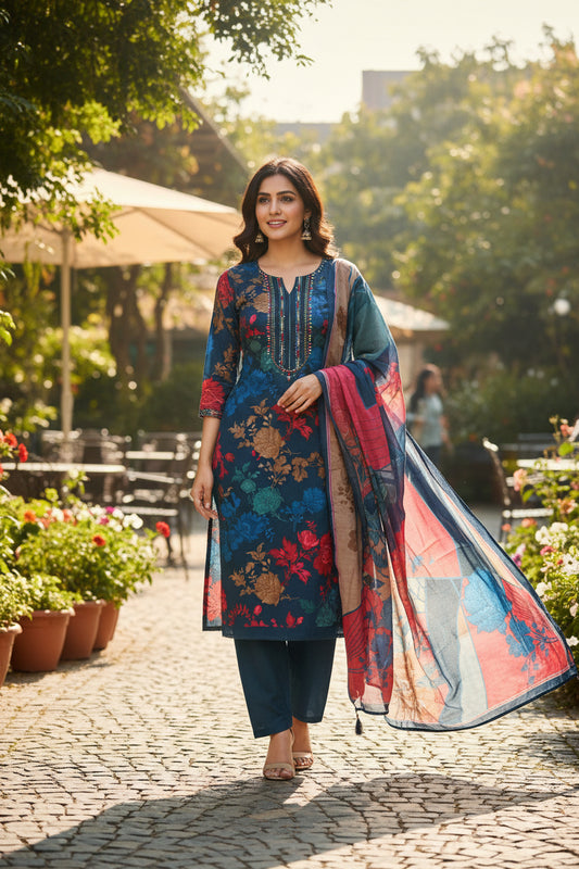 Blue Printed Mul Suit