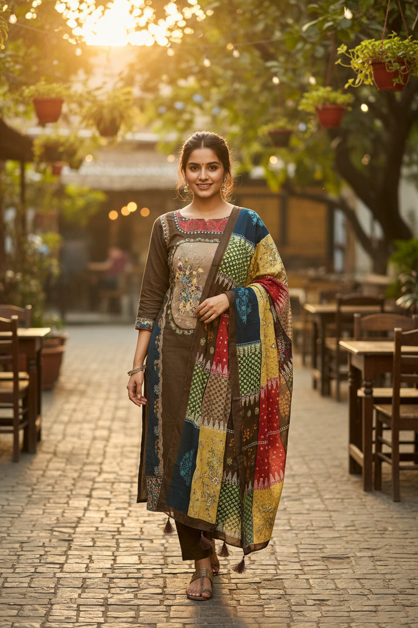 Brown Printed Mul Suit