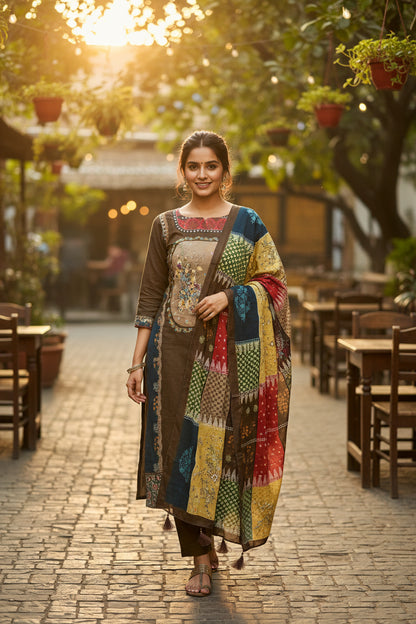 Brown Printed Mul Suit
