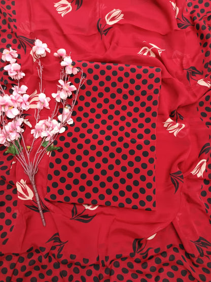 Red Polka Dot Crepe Suit Set with Chiffon Dupatta