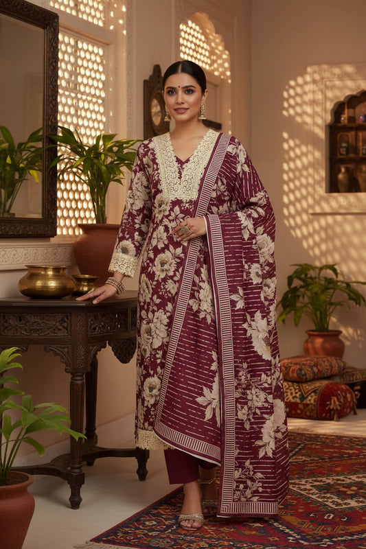 Maroon Printed Mul Cotton